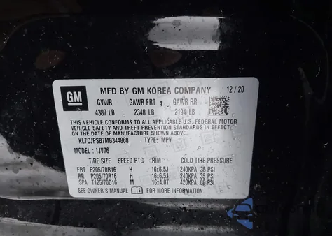 2021 Chevrolet Trax Awd Lt from USA, damaged, VIN KL7CJPSB7MB344868